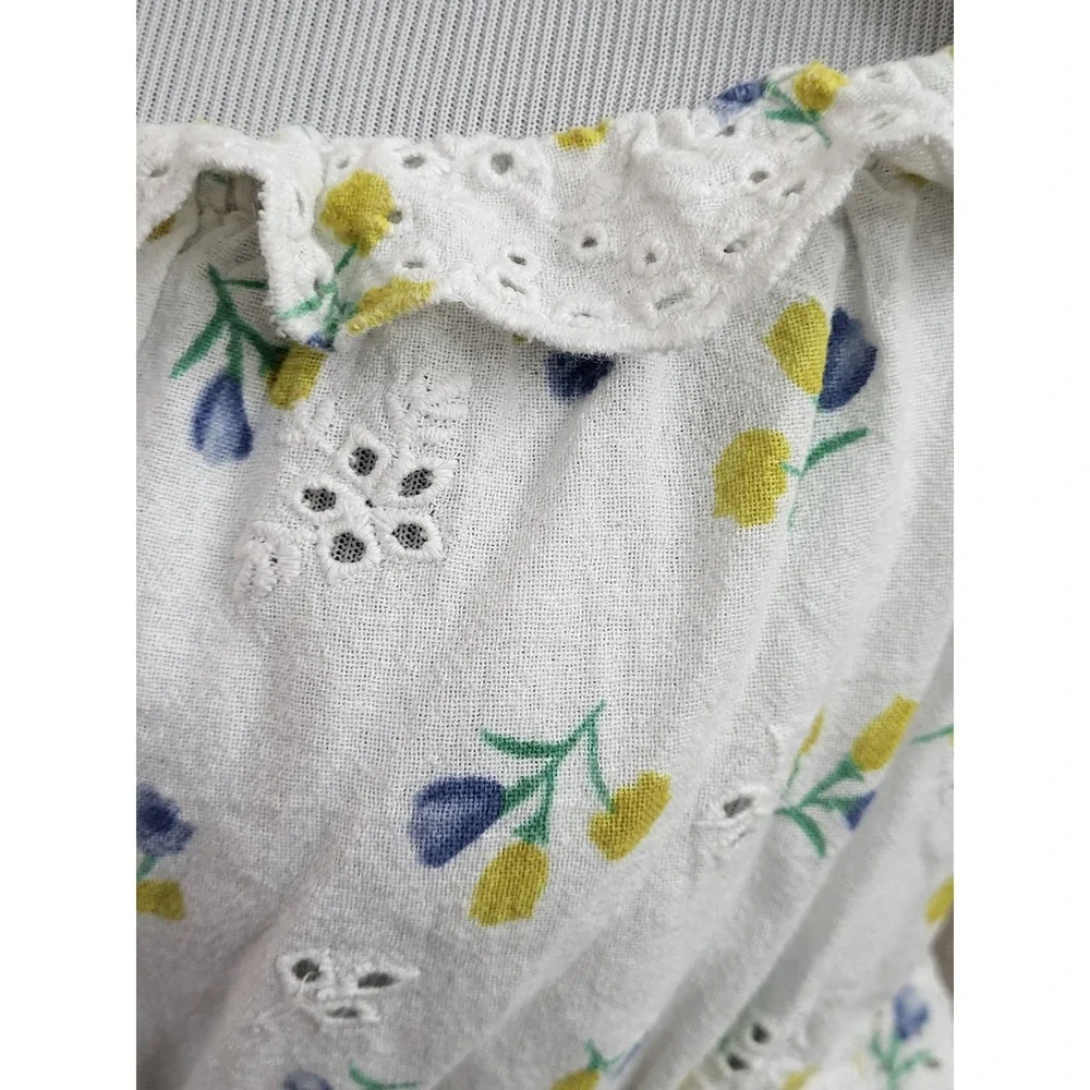 Zara White Yellow Floral Eyelet Smocked Crop Top Blouse Puff Sleeve Large
